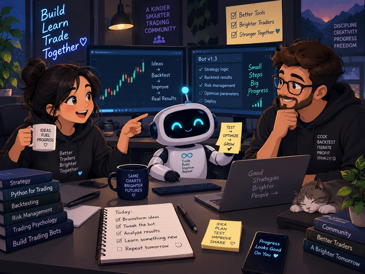 Illustration of a collaborative bot-building workspace