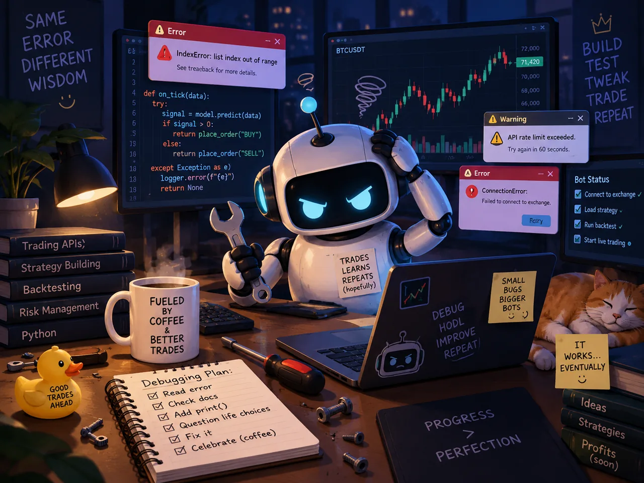 Illustration of code, API warnings and a trading bot