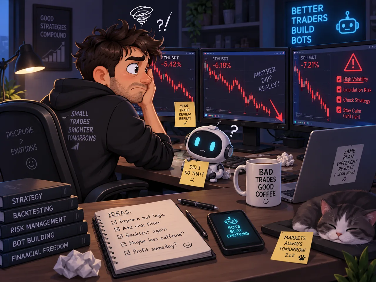Humorous illustration of a frustrated trader and a confused bot during a difficult debugging session
