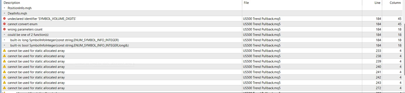 MetaEditor compiler errors and warnings from an MQL5 Expert Advisor
