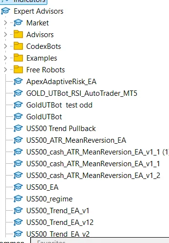 MetaTrader Expert Advisors list with multiple experimental bot versions