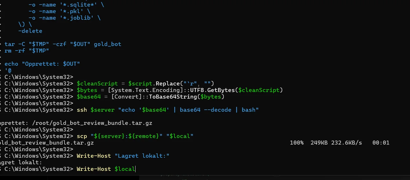 PowerShell SSH and SCP bot debugging session